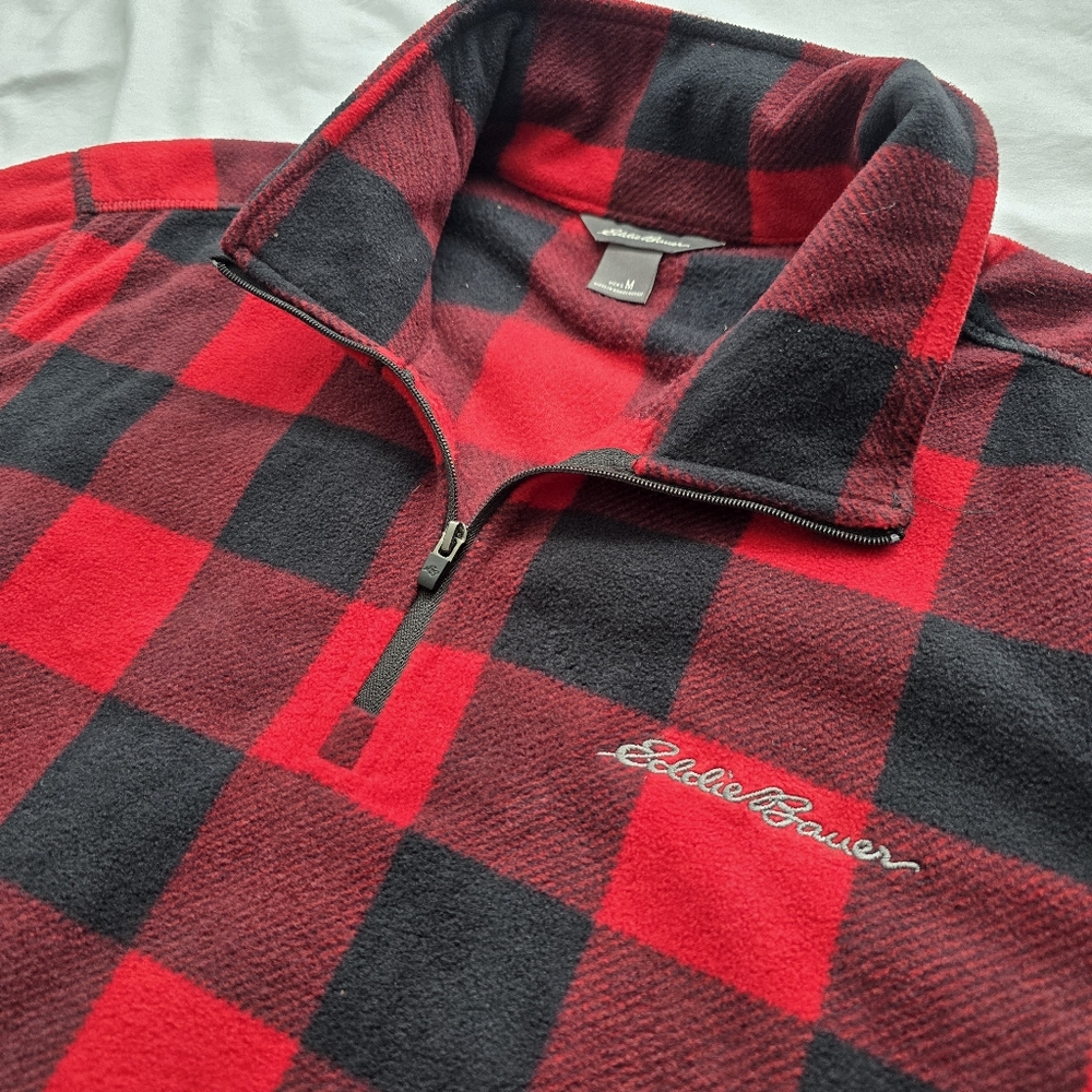 Eddie Bauer Red Black Buffalo Plaid Quarter Zip Fleece Pullover Mens Medium